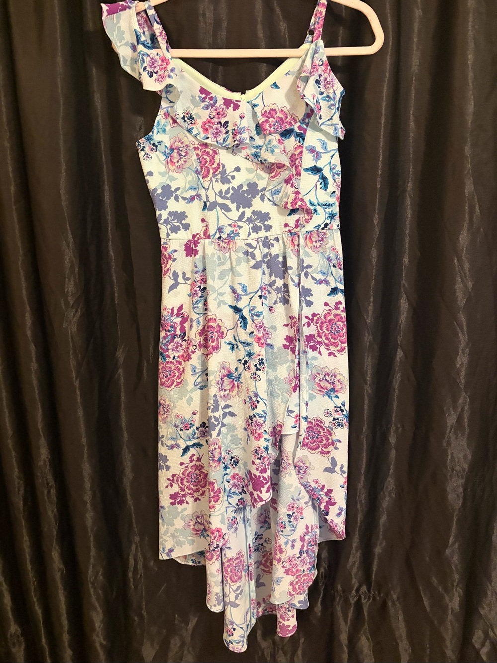 Ally B White Floral Asymmetrical Ruffle Dress with Pink & Purple